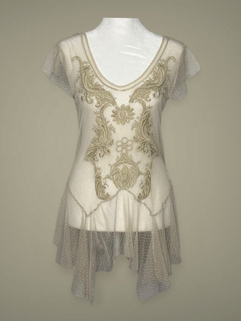 Biya by Johnny Was Embroidered Mesh Handkerchief Hem Top- Size XS